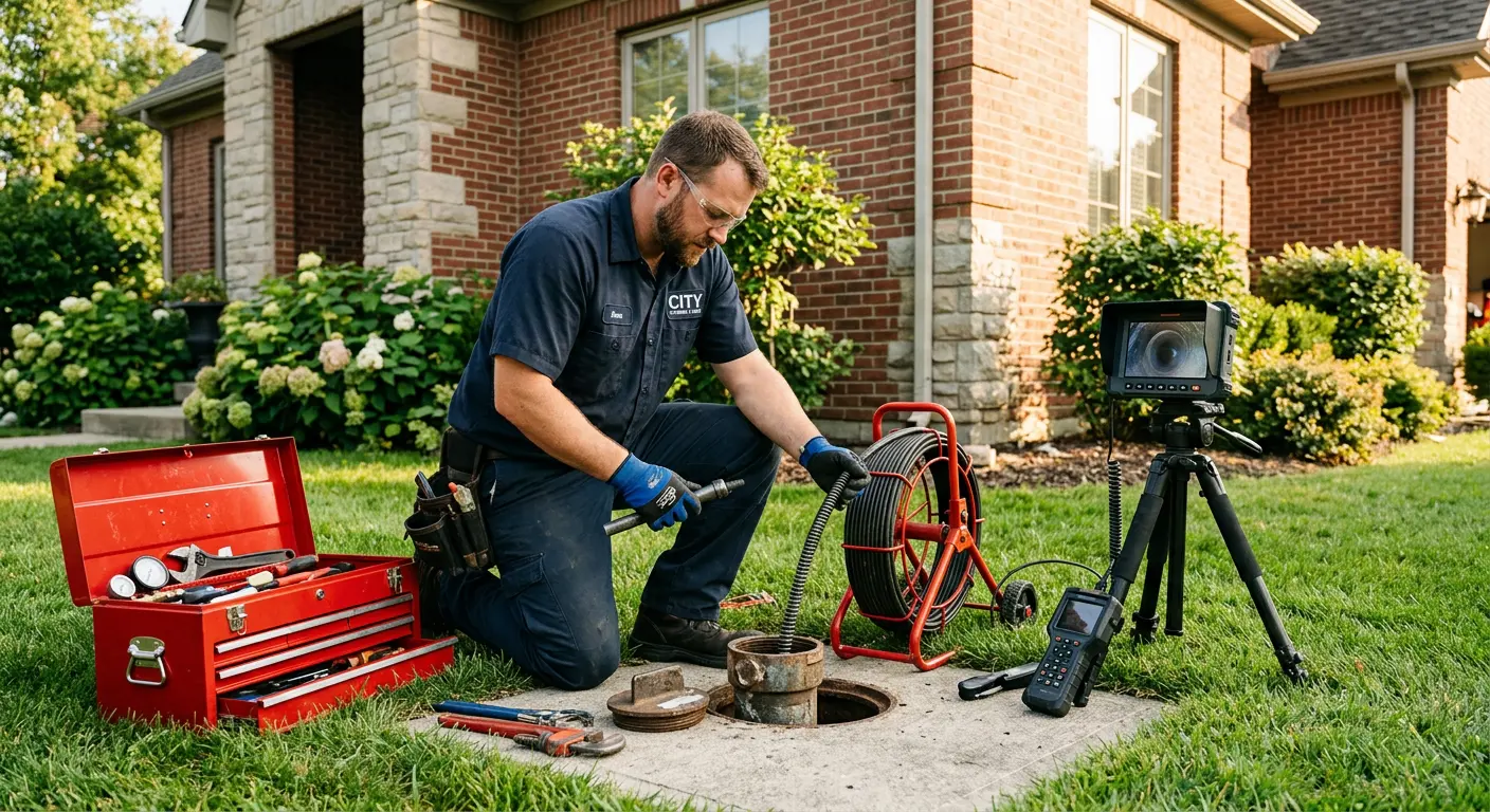 Sewer specialist with camera equipment servicing a cleanout in Gates