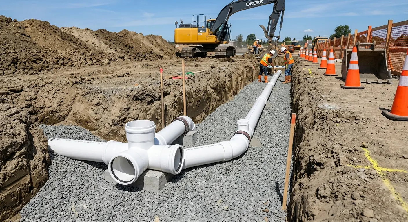 New PVC sewer pipe installation in open trench for Sewer Backup in Gates