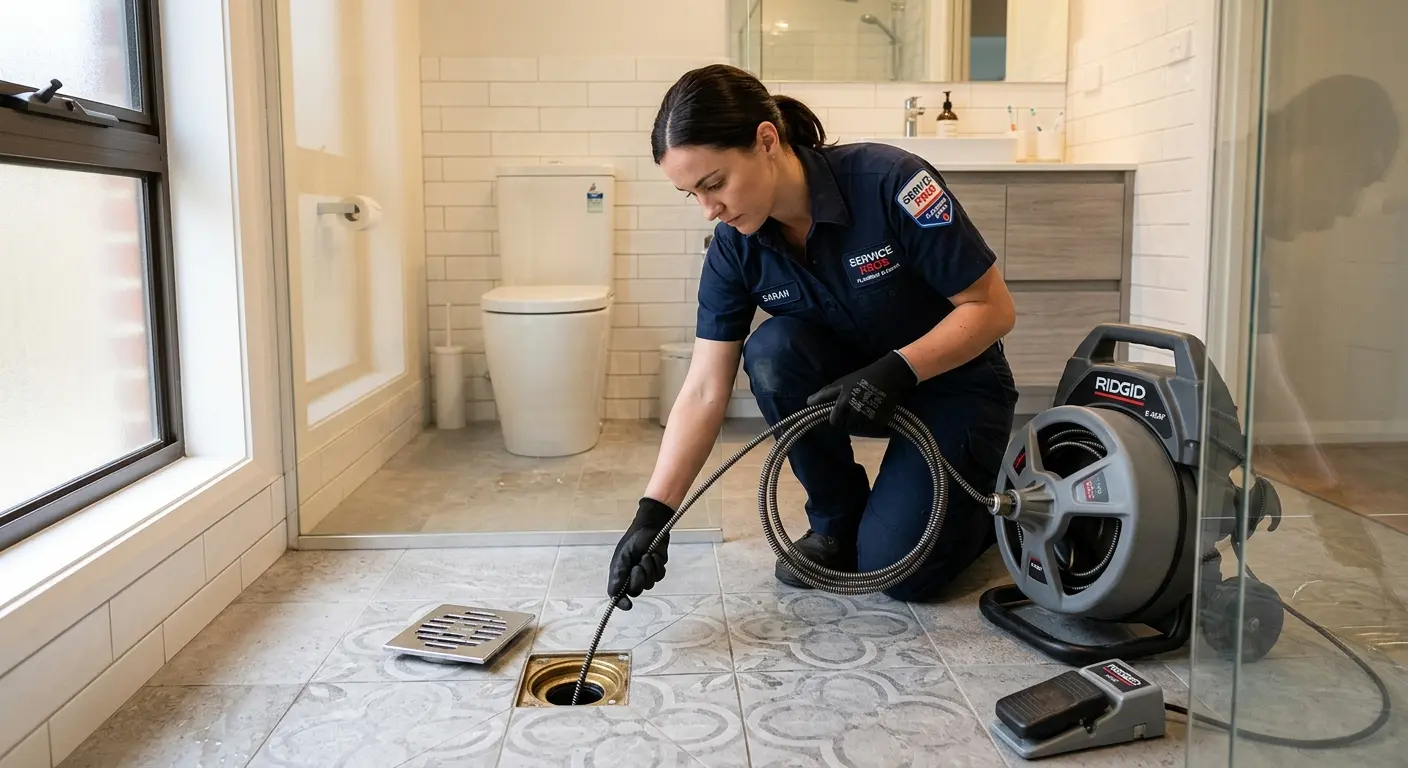 Technician clearing a bathroom floor drain for Drain Repair in Gates